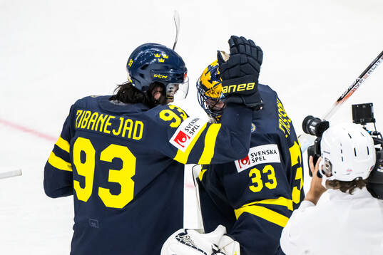 Mika Zibanejad and goaltender Samuel Ersson of Sweden
