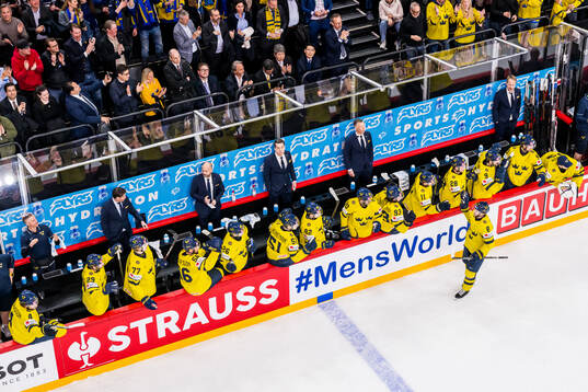 Jonas Brodin of Sweden celebrates with team mates