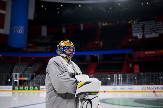 Goaltender Samuel Ersson of Sweden at a practice session