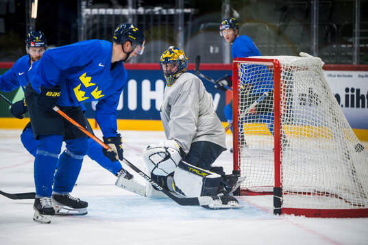 Goaltender Samuel Ersson of Sweden of Sweden at a practice
