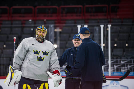 Goaltender Jacob Markströma and assistant coach Stefan