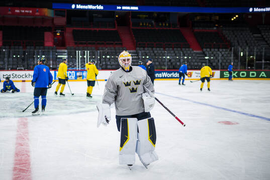 Goaltender Arvid Söderblom of Sweden at a practice session