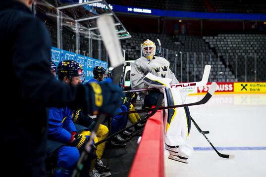 Goaltender Arvid Söderblom of Sweden at a practice session