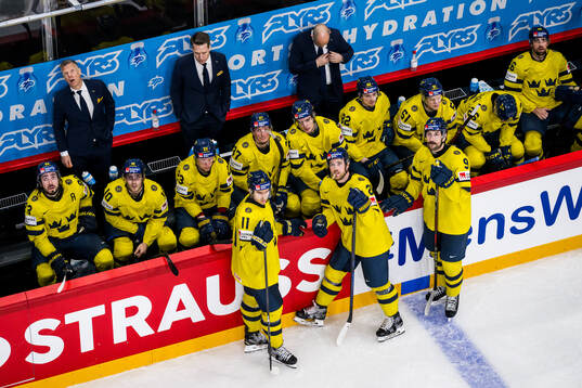 Players of Sweden look up at the media cube