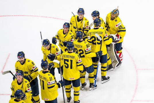 goaltender Jacob Markström of Sweden celebrates with team