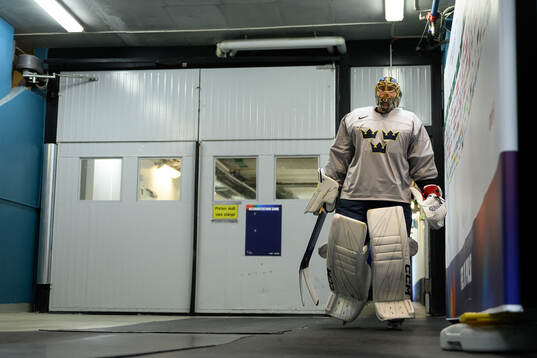 Goaltender Jacob Markström of Sweden at a practice session