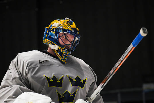 Goaltender Samuel Ersson of Sweden at a practice session