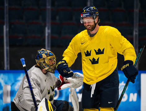 Goaltender Jacob Markström and Adam Larsson of Sweden at a