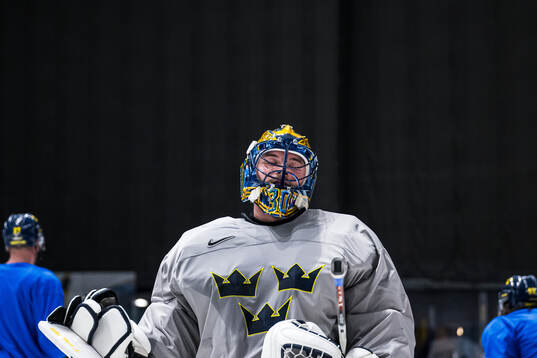 Goaltender Samuel Ersson of Sweden at a practice session