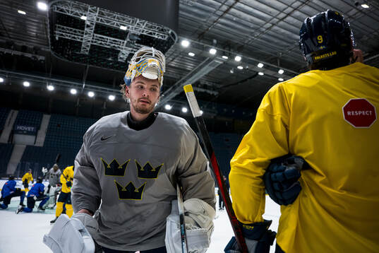 Goaltender Arvid Söderblom at a practice session