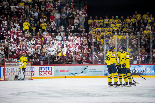 Erik Gustafsson, Mika Zibanejad and Elias Lindholm of Sweden