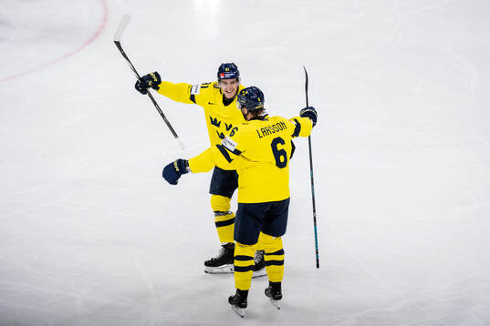Leo Carlsson and Adam Larsson of Sweden celebrate