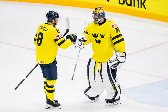 Jonas Brodin and goaltender Samuel Ersson of Sweden