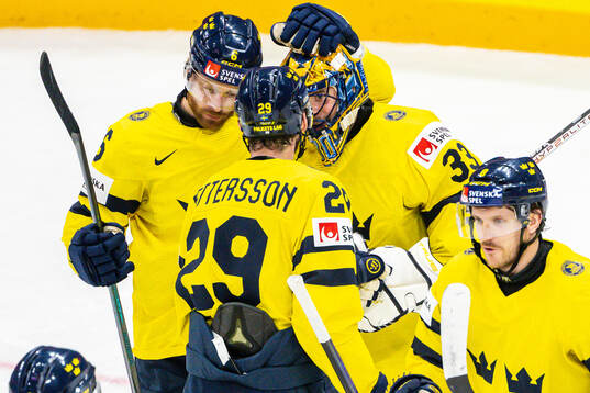 Marcus Pettersson and goaltender Samuel Ersson of Sweden