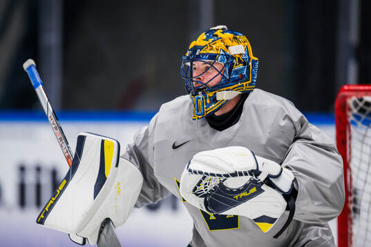 Goaltender Samuel Ersson of Sweden at a practice session