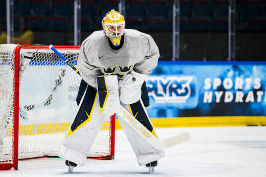 Goaltender Arvid Söderblom of Sweden at a practice session
