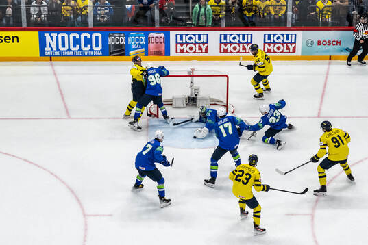 Goaltender Lukas Horak of Slovenia