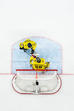Marcus Pettersson and goaltender Jacob Markström of Sweden