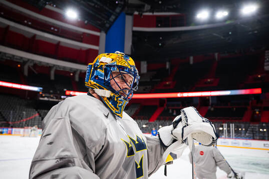 Goaltender Samuel Ersson of Sweden at a practice session