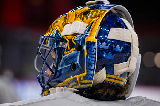 The helmet of goaltender Samuel Ersson of Sweden at a