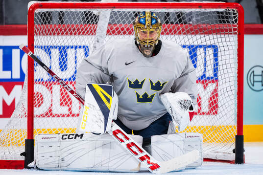 Goaltender Jacob Markström of Sweden at a practice session