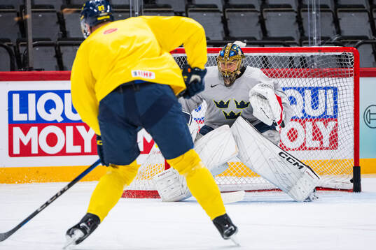 Goaltender Jacob Markström of Sweden at a practice session