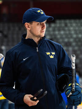 Goaltender coach Anthon Hansson of Sweden at a practice