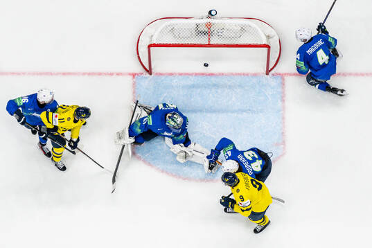 Elias Lindholm of Sweden, not pictured, scores the 3-0 goal