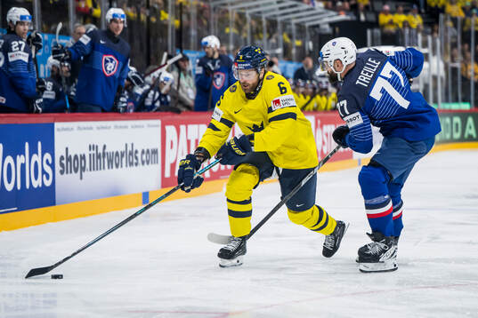 Adam Larsson of Sweden and Sacha Treille of France