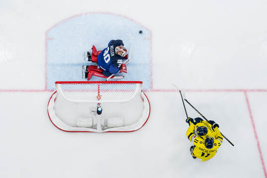 Elias Lindholm and Mikael Backlund of Sweden celebrate