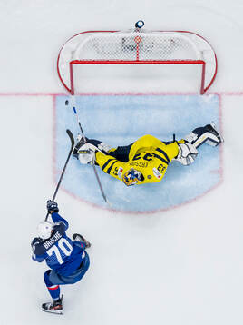 Baptiste Bruche of France and goaltender Samuel Ersson of