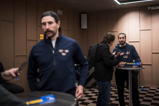 Filip Forsberg and Mika Zibanejad of Sweden at a press event