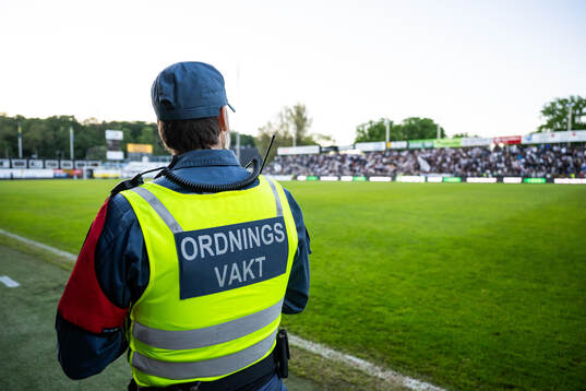 En ordningsvakt vid då matchen pausats