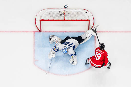Goaltender Juuse Saros of Finland with the game winning