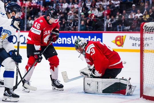 Jared Spurgeon and goaltender Marc-André Fleury of Canada