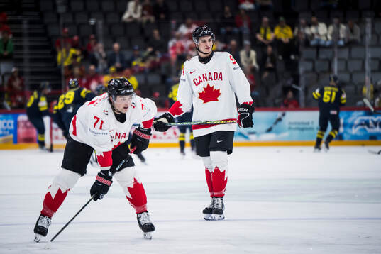Tyson Foerster and Porter Martone of Canada