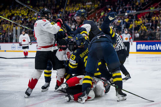 Lucas Raymond and Jonas Brodin of Sweden in a fight with