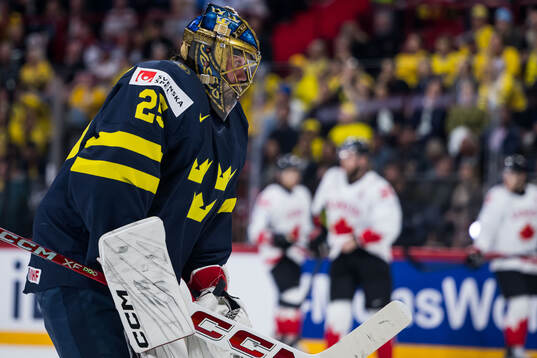 Jacob Markström of Sweden looks dejected