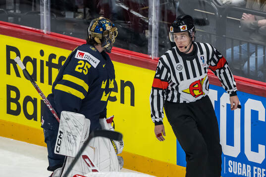 Goaltender Jacob Markström of Sweden reacts