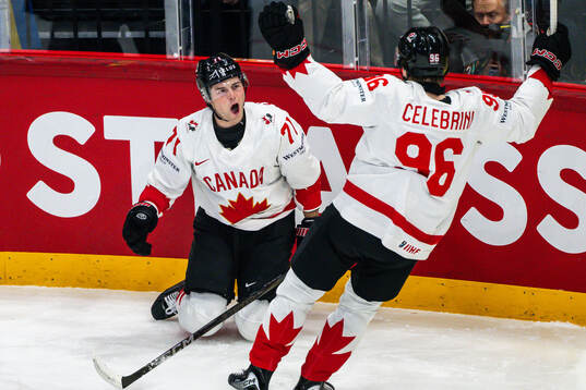 Tyson Foerster of Canada celebrates the 1-2 goal