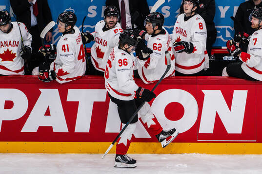 Macklin Celebrini of Canada celebrates the 2-4 goal