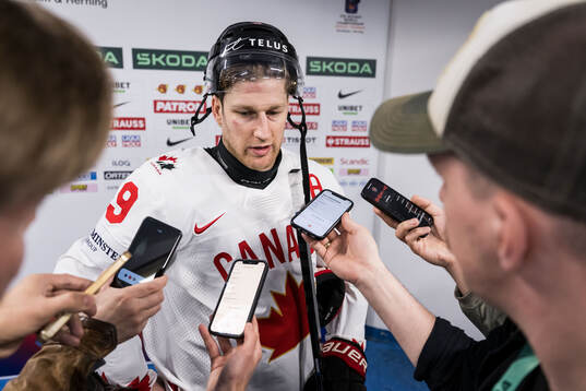Nathan MacKinnon of Canada in mixed zone