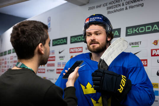 Rasmus Andersson of Sweden in mixed zone