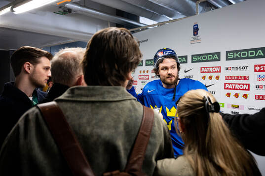 Rasmus Andersson of Sweden in mixed zone