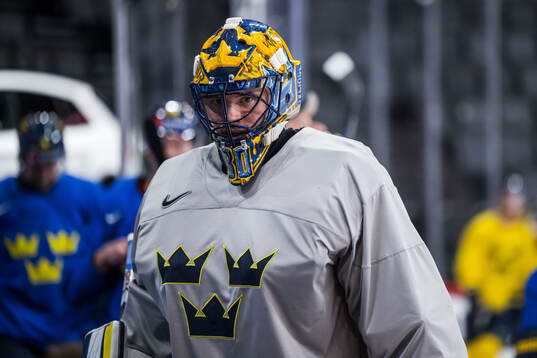 Goaltender Samuel Ersson of Sweden at a practice session