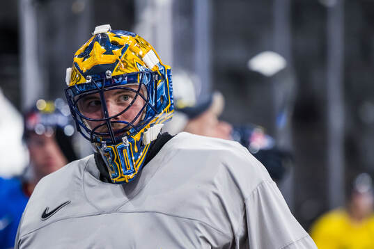 Goaltender Samuel Ersson of Sweden at a practice session