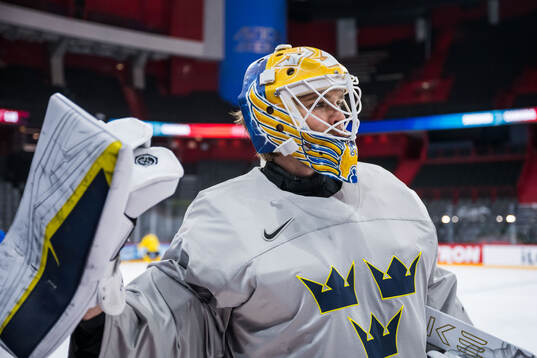 Goaltender Arvid Söderblom of Sweden at a practice session