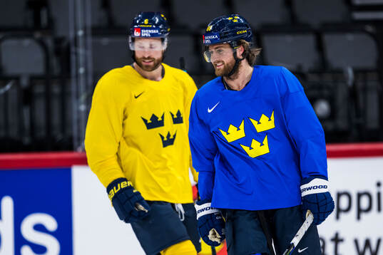Adam Larsson and William Nylander of Sweden at a practice
