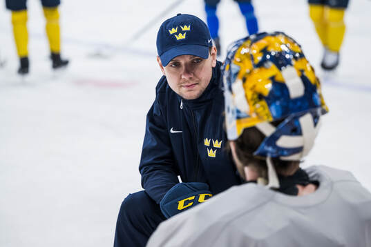 Goaltender coach Anthon Hansson of Sweden at a practice
