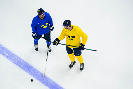 William Nylander and Adam Larsson of Sweden at a practice